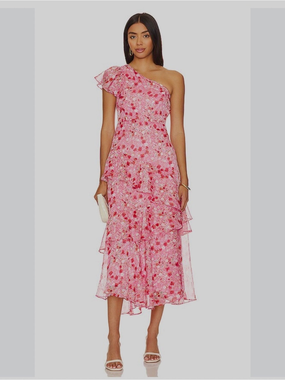 Revolve ASTR The label Victoriana One-Shoulder Pink Floral Ruffle Midi Dress